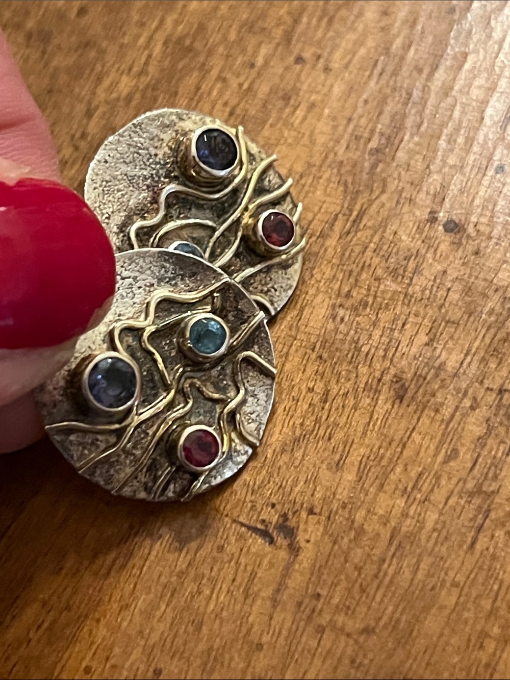 Vintage Sterling Silver 925 Brutalist Abstract Disc Multi Gemstone Studs